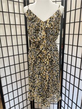 LABOR DAY SALE 🔥 Karl Lagerfeld Paris Floral Ruffle Slip Dress Belted Black Yel